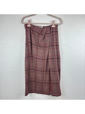 Maeve Anthropologie M Plaid Midi Skirt Slit Red Black Beige Houndstooth Academia